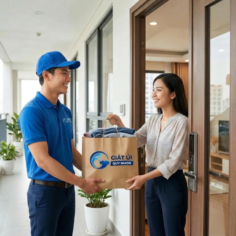 Quy trình giặt sấy Quy Nhơn bước 2 nhân viên đến là đồ